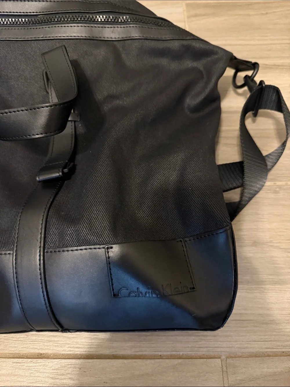 Calvin Klein Black Duffel Travel Bag with Leather Trim
